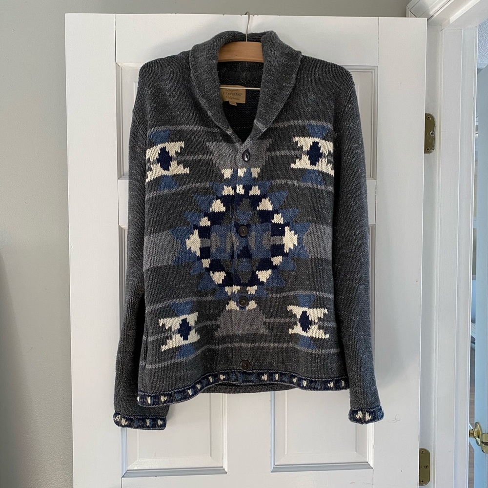 Men’s cowl neck cardigan sweater in tribal print